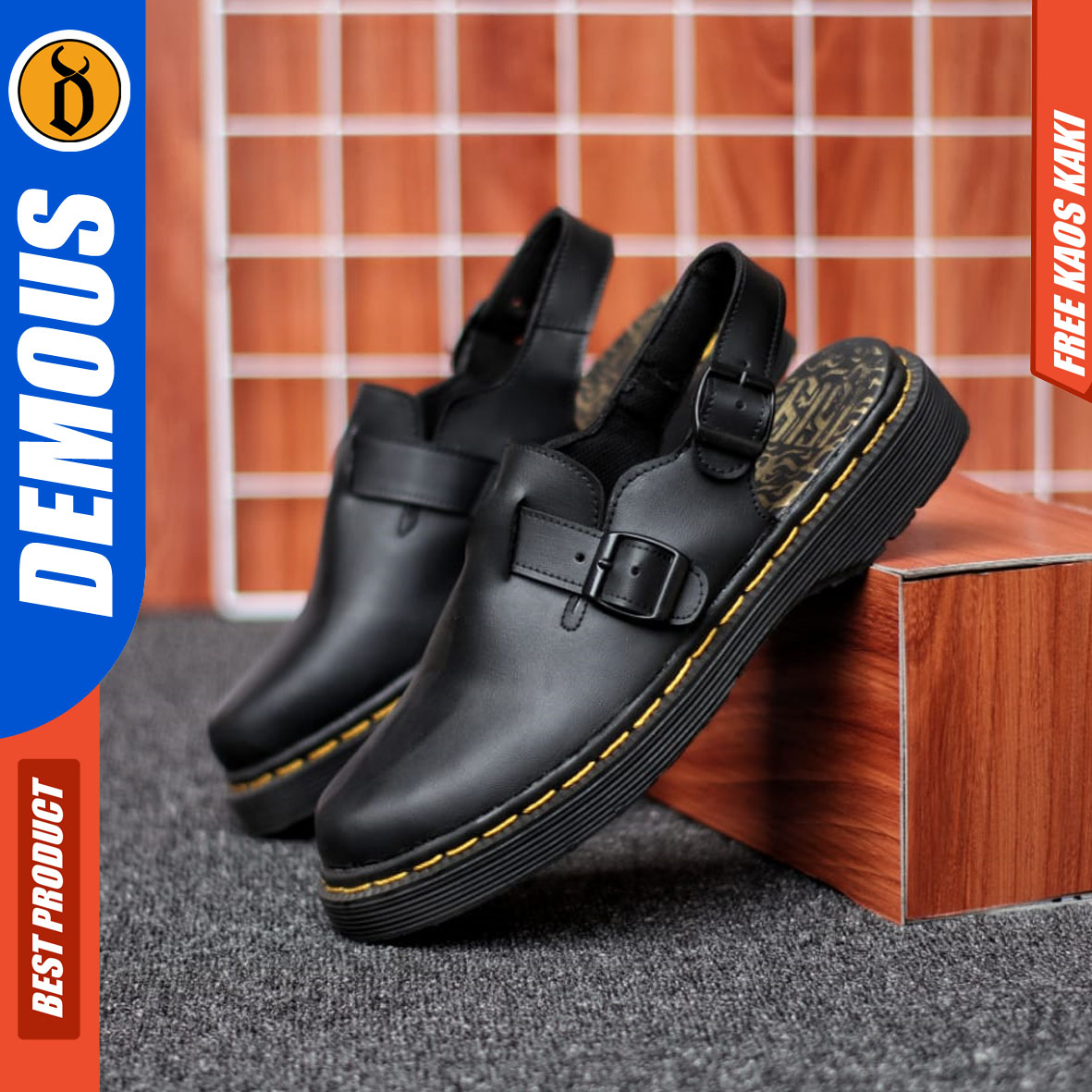 DEMOUS MIKASA - Sandal Sepatu Docmart Pria Sendal Slide Selop Pria Kulit PU