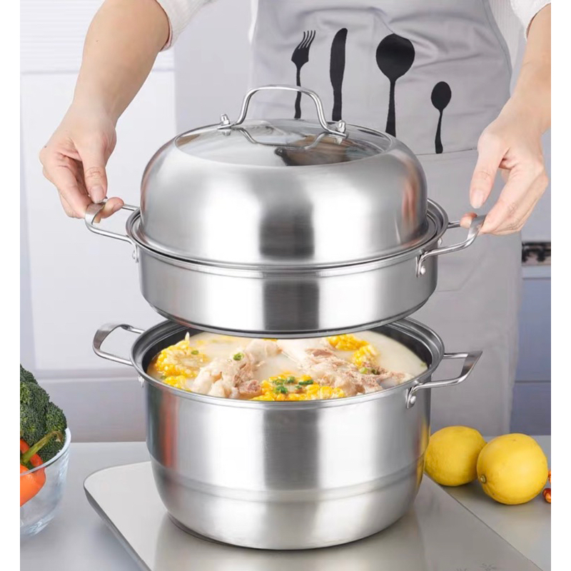 NEW Panci Steamer 3 Susun Dengan Tutup Kaca - Steamer Pot Pengukus Serbaguna Stainless Steel - Panci Siomay Kukus Dandang Berkualitas Tebal