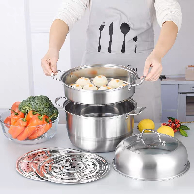 NEW Panci Steamer 3 Susun Dengan Tutup Kaca - Steamer Pot Pengukus Serbaguna Stainless Steel - Panci Siomay Kukus Dandang Berkualitas Tebal