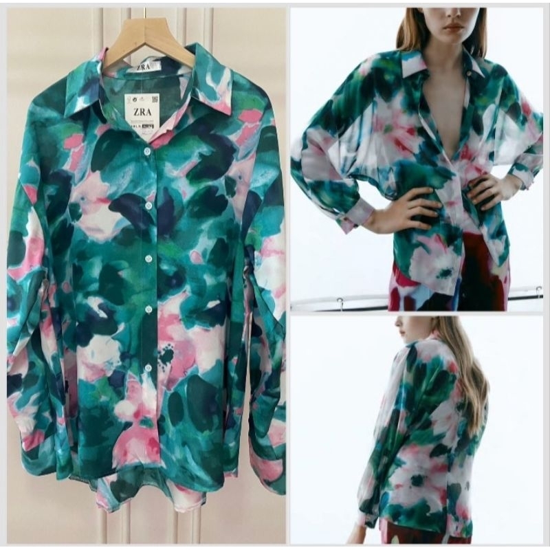 Kemeja zra bunga lukisan Oversize import / kemeja zara wanita import