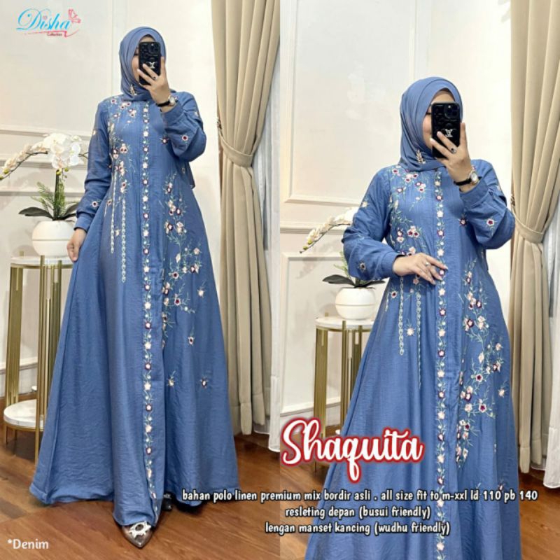 Shaquita bordir gamis wanita polo linen premium ori athaya outfit