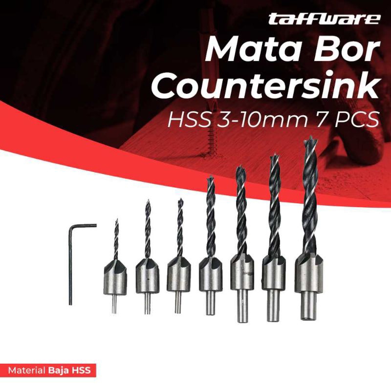 Mata Bor Kayu Set Bulat Panjang 3MM 12MM 7 PCS Lengkap  Drill Bit Countersink HSS Taffware