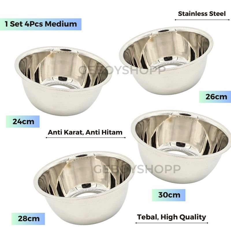 Baskom Stainless / Baskom Tinggi / Mixing Bowl Serbaguna Stainless Premium High Quality Anti Karat 1Set Medium 4Pcs