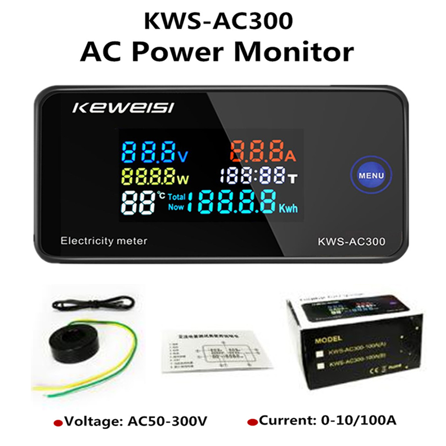 Voltmeter Digital 6in1 KWS-AC300 AC 50-300V 100A dengan Fungsi Reset