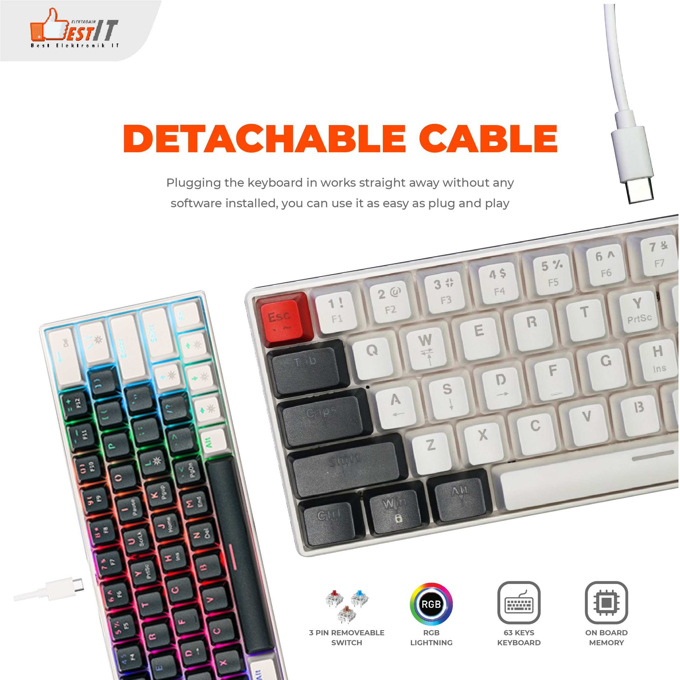 Keyboard Mechanical 63 Keys Removable HELENS MKN-06 NYK Nemesis - White-Grey, Bluebrane With Holder