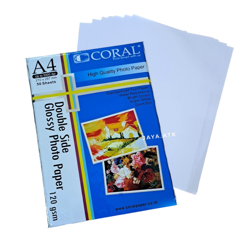 KERTAS FOTO A4 DOUBLE SIDE GLOSSY 120 GSM 10 LBR CORAL PHOTO PAPER BOLAK BALIK