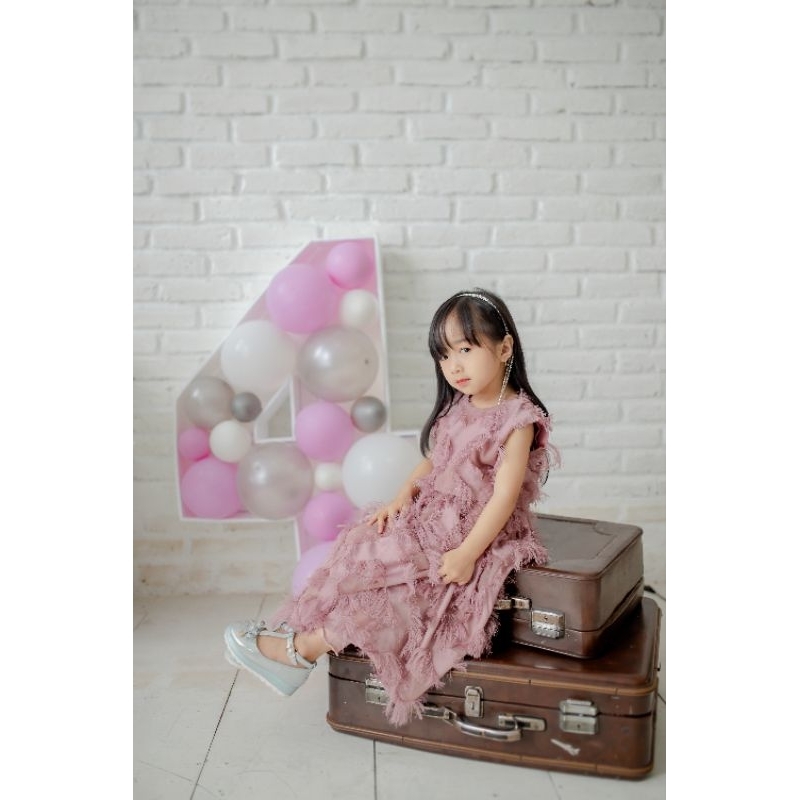 Saoirse's Ellen Dress - Gaun midi rumbai bulu anak perempuan balita mewah premium