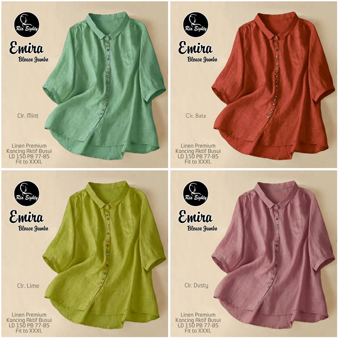 EMIRA BLOUSE JUMBO / 12.7 / BAHAN LINEN PREMIUM / LD 150 CM / KEMEJA WANITA ALLSLIZE SUPER JUMBO / RIA EIGHTY