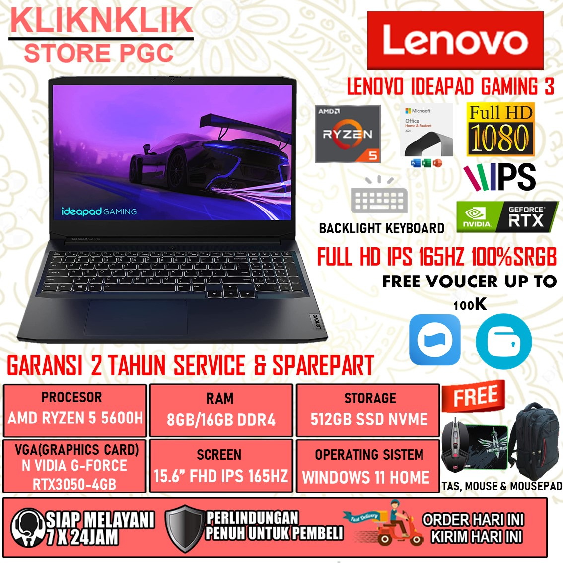 LAPTOP GAMING LENOVO IDEAPAD GAMING 5 AMD RYZEN 5 5600H RAM 8GB 16GB 512GB SSD RTX3050 FHD IPS 165Hz WINDOW 11 HOME OHS BLACK