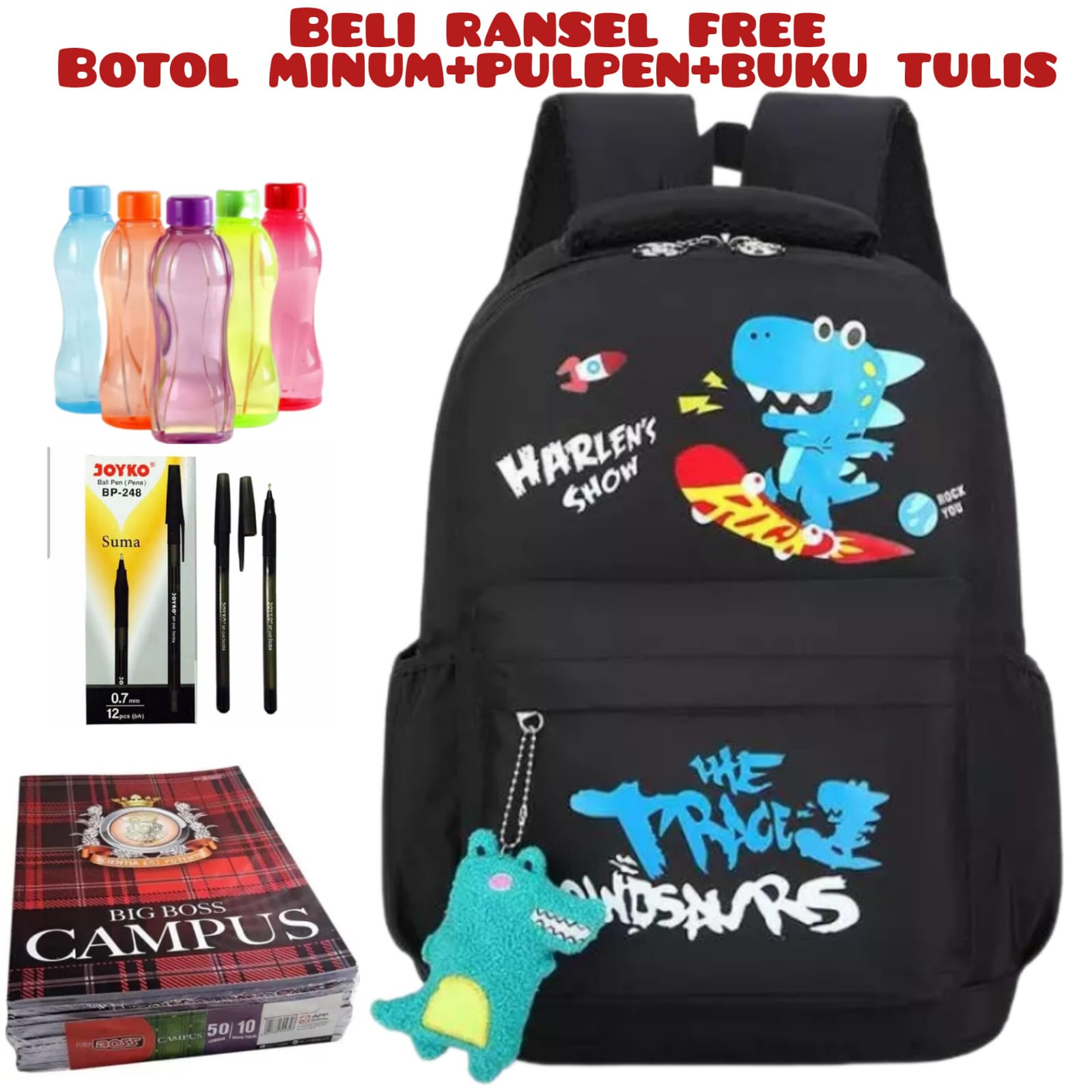 JS_BELI 1 DAPAT 4-Tas Ransel Sekolah Anak Laki-laki/Perempuan Backpack Tas Laptop Acer Unisex Tas Sekolah TK/SD Beli Ransel Free Botol Minum+Pulpen+Buku Tulis