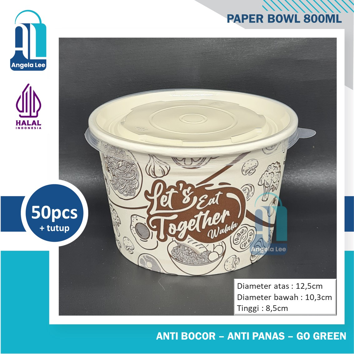 Paper Bowl Motif 800ml Mangkok kertas isi 50pcs +tutup foodgrade gogreen antipanas