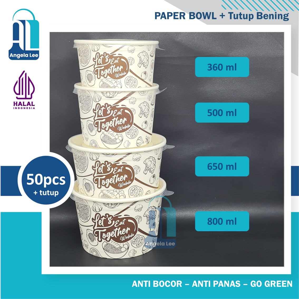 Paper Bowl Motif 800ml Mangkok kertas isi 50pcs +tutup foodgrade gogreen antipanas