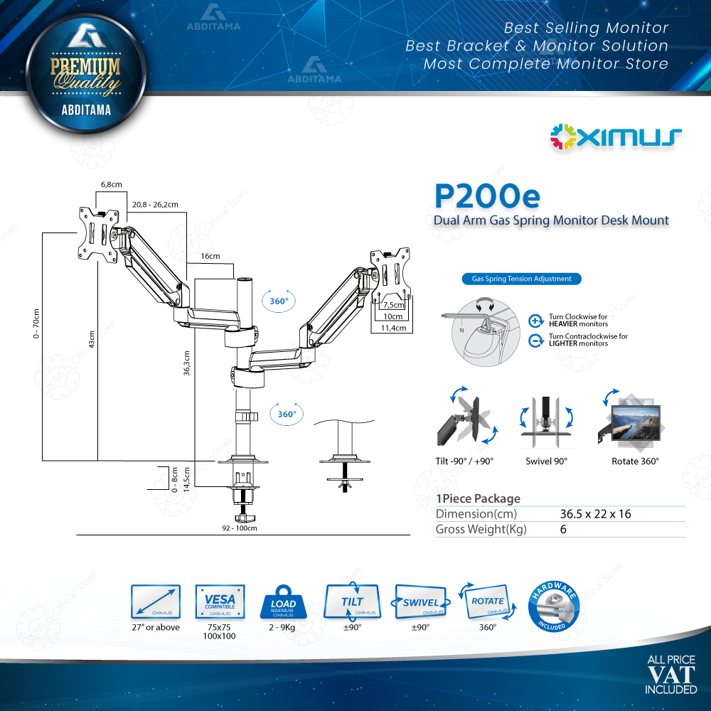 BRACKET MONITOR DESKMOUNT GAS SPRING OXIMUS P200e TILT SWIVEL ROTATE