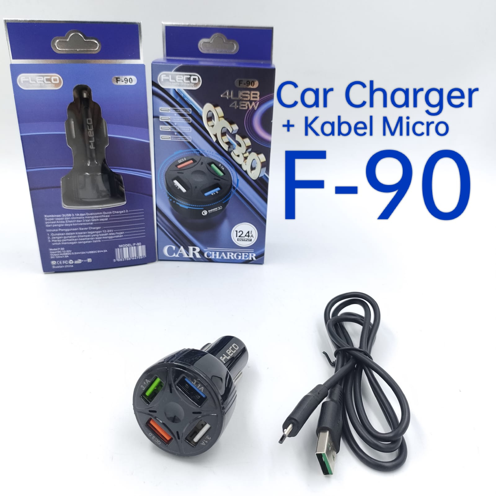 car charger 4usb fleco F90 fast charging 48w saver mobil + kabel data micro original PROMO SEN