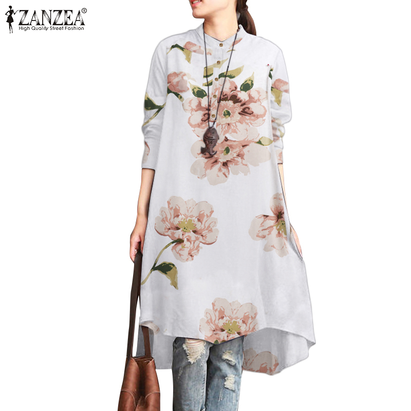 ZANZEA Women Long Sleeved Button Cuffs Retro Floral Printed Stand Collar Blouse