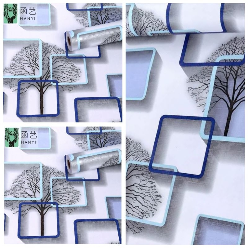 Wallpaper Sticker Dinding Motif Kotak Pohon Biru 3D