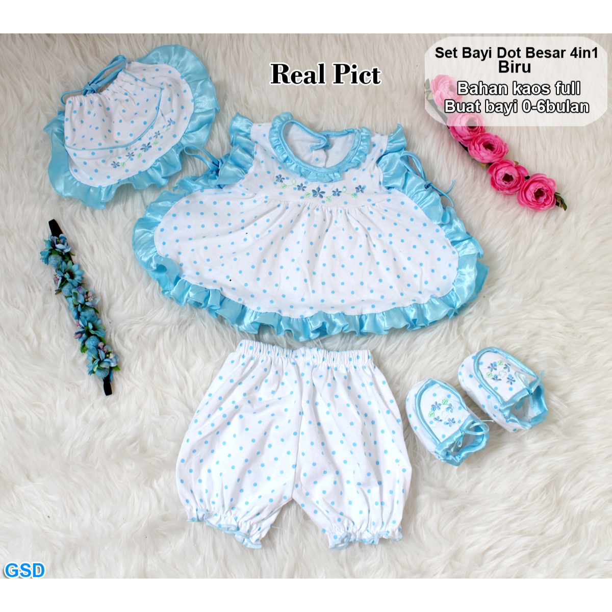 Set bayi dot besar 4in1/Baju Bayi Perempuan Motif Polkadot / Setelan Anak Bayi Balita/Baby Girl