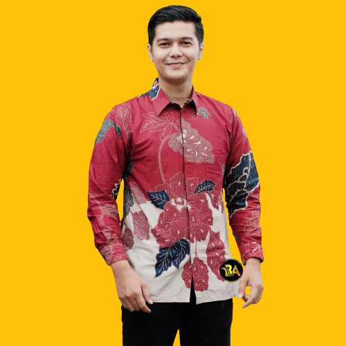 Kemeja Batik Pria Lengan Panjang Bahan Katun Motif Lompong Kuning Merah Biru Hitam M L XL XXL