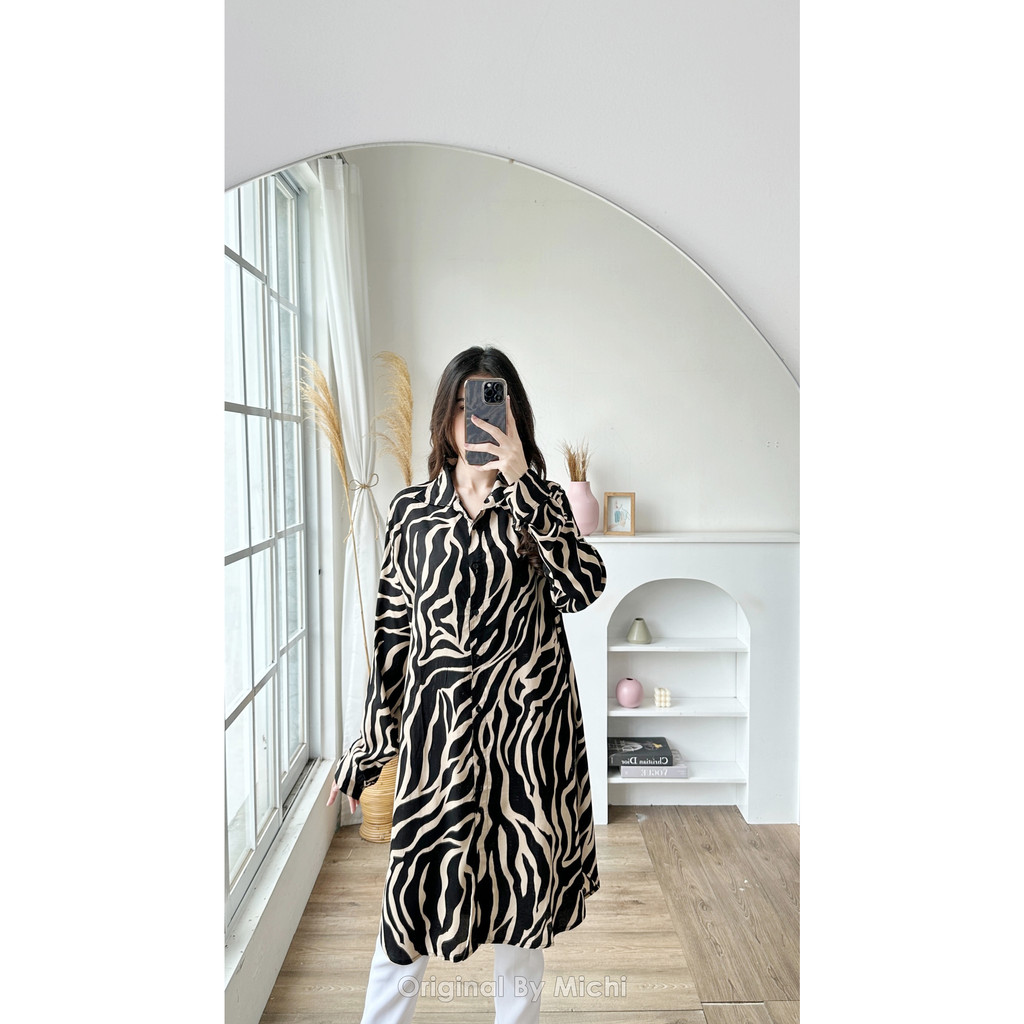Tunik Kerah Printing Zebra Wanita Lyodra Original ByMichi KlipBusana - Midi Dress Hijab Perempuan Mo