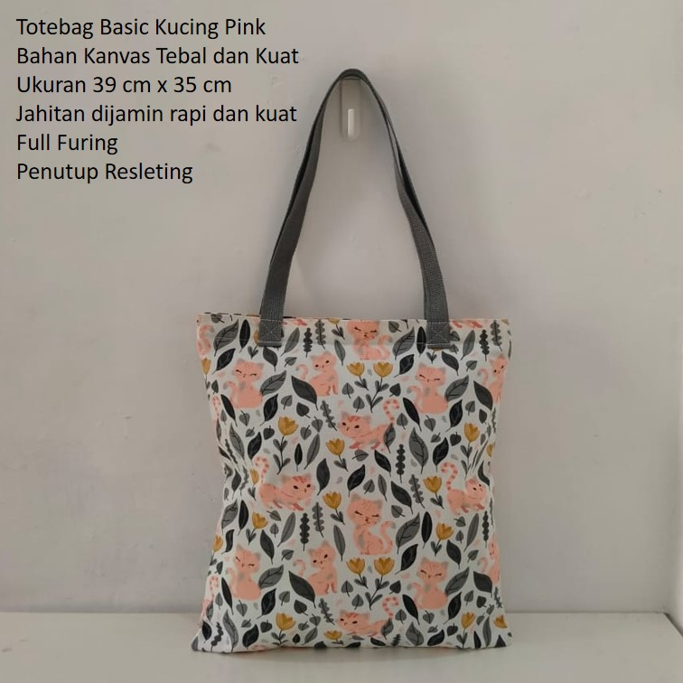 TOTEBAG KANVAS TOTEBAG WANITA TAS KANVAS MOTIF KUCING PINK. TAS CANVAS TAS WANITA TOTE BAG CANVAS TAS KANVAS MOTIF TAS KANVAS JOGJA RIENS COLLECTIONS