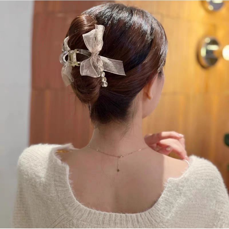 Jepit Rambut Pita Transparan Mutiara JUMBO 11cm Jepitan Rambut Salon Korea Jedai Impor Ribbon Pearl Hair Claw Clip