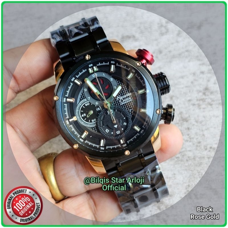 Alexandre Christie Sepaket Ac 6239 Mc Tali Rantai Hitam Black Rose Gold Original