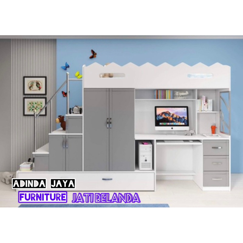 tempat tidur anak tingkat dengan lemari pakaian plus meja belajar ukuran 100x200x190