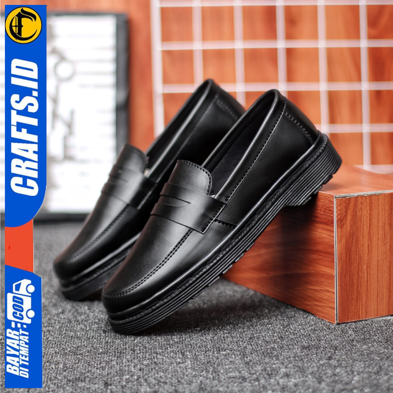 Sepatu Docmart Formal Pantofel Kerja Pria Hitam Kulit PU Crafs Polis