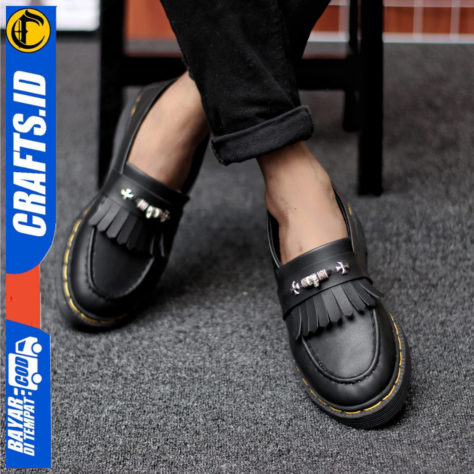 Sepatu Pantofel Formal Loafers Pria Hitam Orlglnal Kerja Kulit PU Crafs Yuki