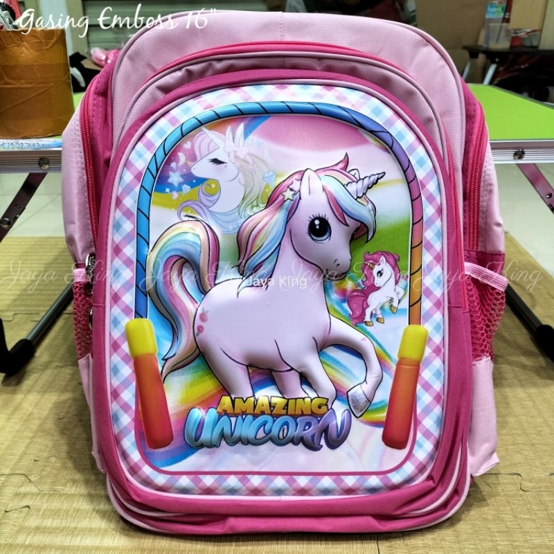 Ransel SD TK Gasing Kids 16 Inc Emboss Batok Karakter Tas Sekolah Besar Anak Perempuan HK Pony Unicorn