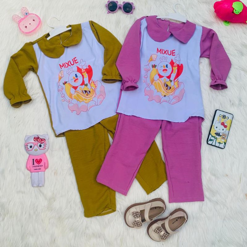 MIXUE VIRAL Baju Setelan Anak Perempuan Bahan Crinkle Airflow Premium Usia 1-10 Tahun Lucu