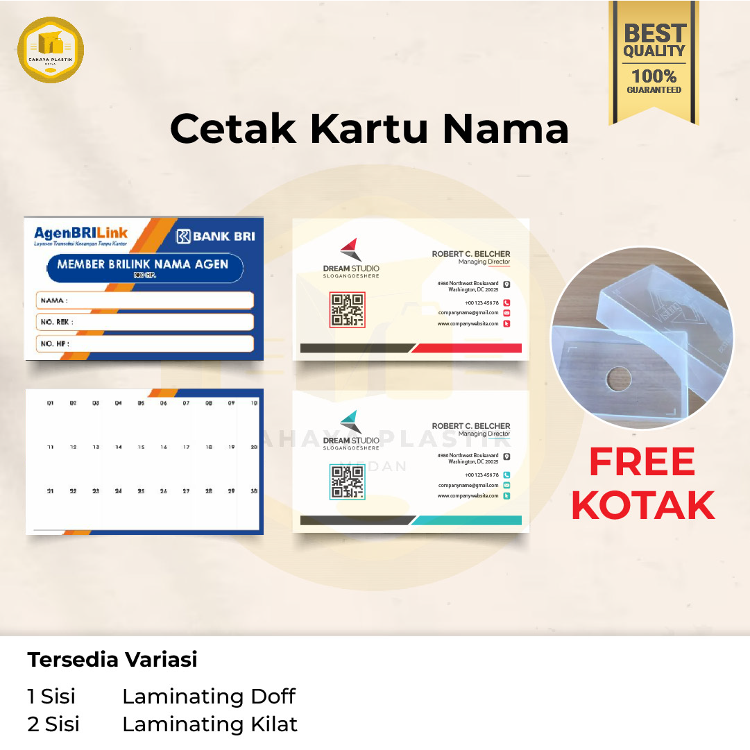 

(FREE DESIGN) 100pcs Cetak Kartu Nama, Kartu Ucapan, Kartu Agen, Kartu member Bahan Art Paper 260 gsm + Kotak Business Card | 1 Sisi dan 2 Sisi Laminating Doff Kilat | Best Quality | Kartu perusahaan | Kartu bisnis | Kartu Agen