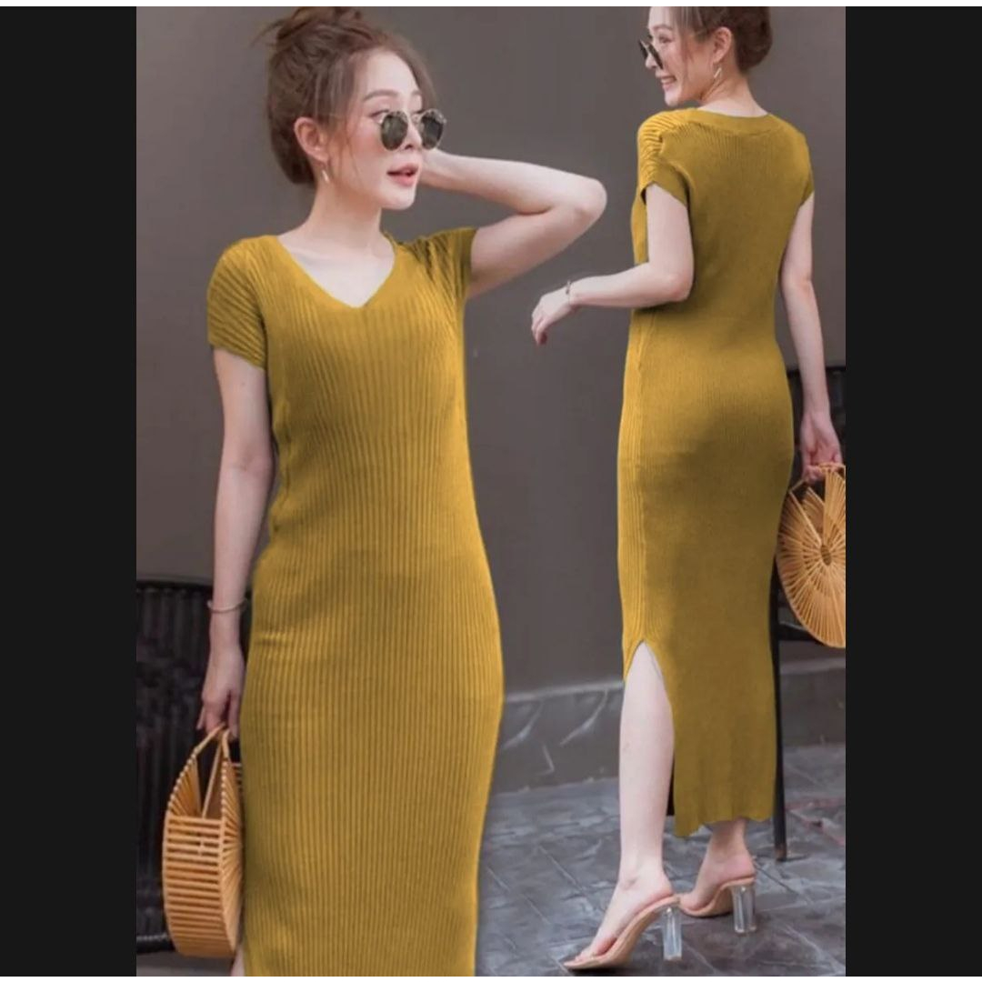 MIDI KNIT DRESS BASIC CASUAL DRESS RAJUT WANITA