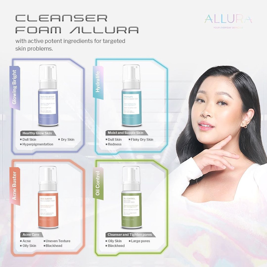 ⭐BAGUS⭐ ALLURA Mild Cleanser Foam 100ml | Glowing Acne | Facial Wash | Hydralife | Oil Control
