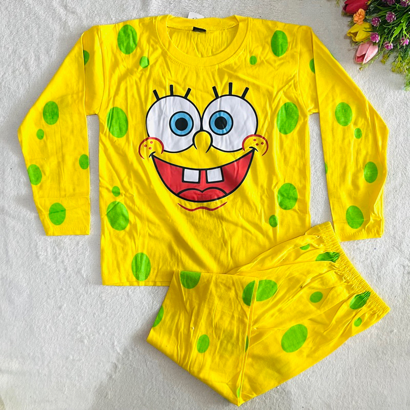 Setelan Anak 7 8 10 Tahun Anak Cowok Laki laki Lengan Panjang Celana Panjang Gambar kartun anka spingebob terbaru kekinian viral ( Setelan Anak Spongebob )