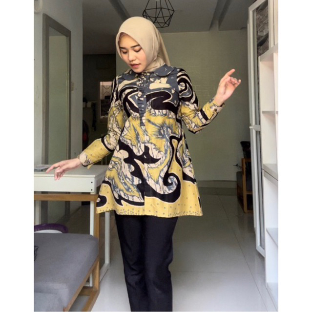 HEDIA Tunik Blouse Atasan Batik Kerja Kantor Wanita Modern Kekinian Print Katun Abstrak