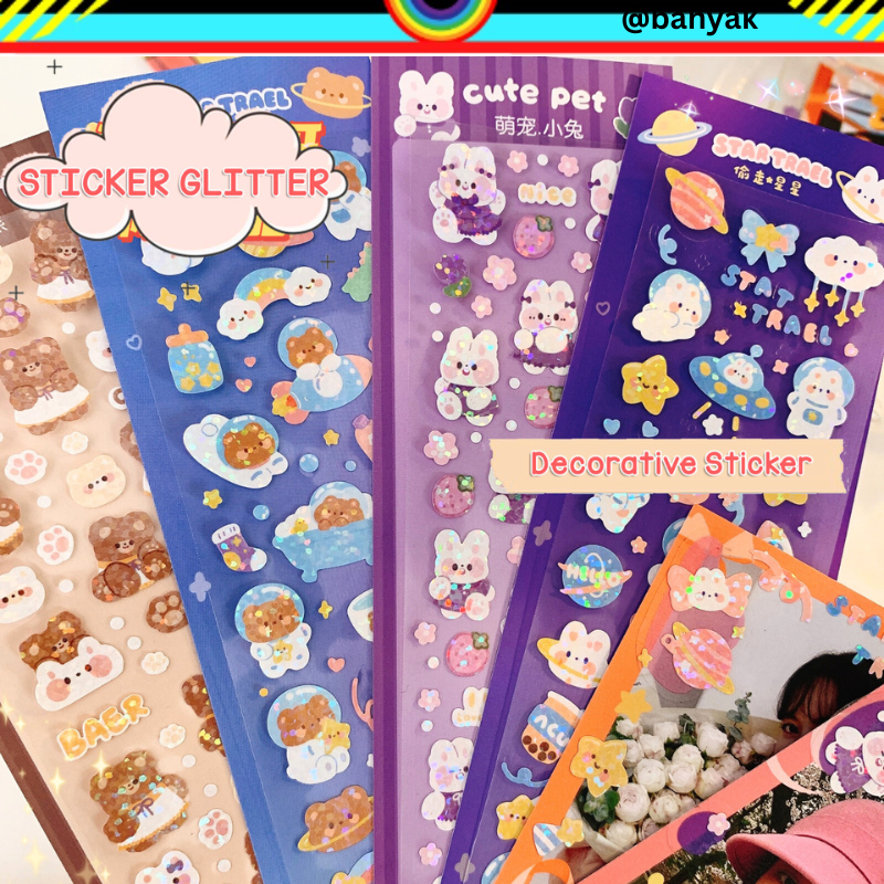 STIKER LASER SINGLE GLITTER HOLOGRAM MOTIF RABBIT BEAR BUBBLE CUTE LUCU WATERPROOF MODEL KOREA @banyak