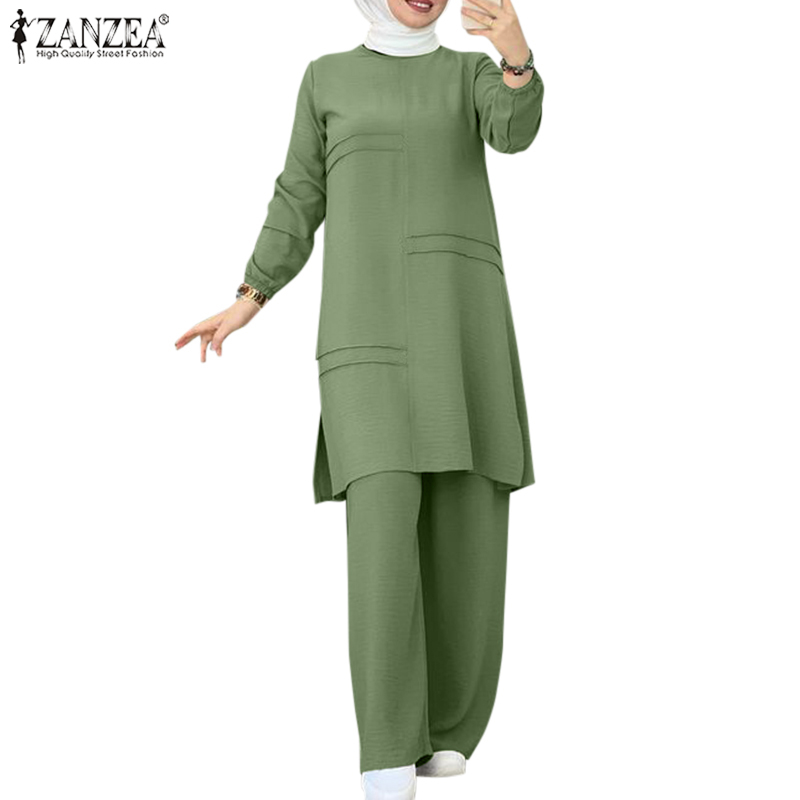 ZANZEA Women Commuting Casual Cover Up Irregular Design Elastic Waist Wide Leg Pants Muslim Suit