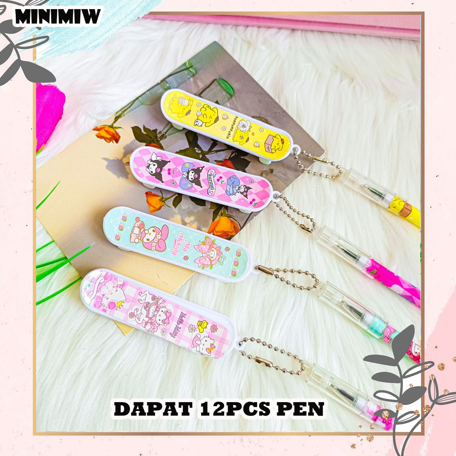 &quot;SELUSIN PULPEN GANTUNGAN SKATEBOARD SANRIO ISI 12 PCS BOLPEN ALAT TULIS BOLPOIN UNIK IMUT MURAH PEN GEL KARAKTER PENA  UNIK LUCU MURAH&quot;