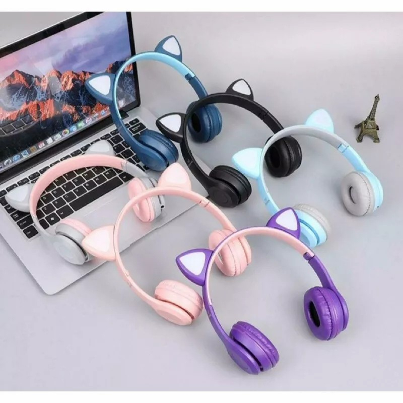 JH HEADSET HEADPHONE BLUETOOTH P47 CAT MACARON BANDO LED KUCING P-47 P47M