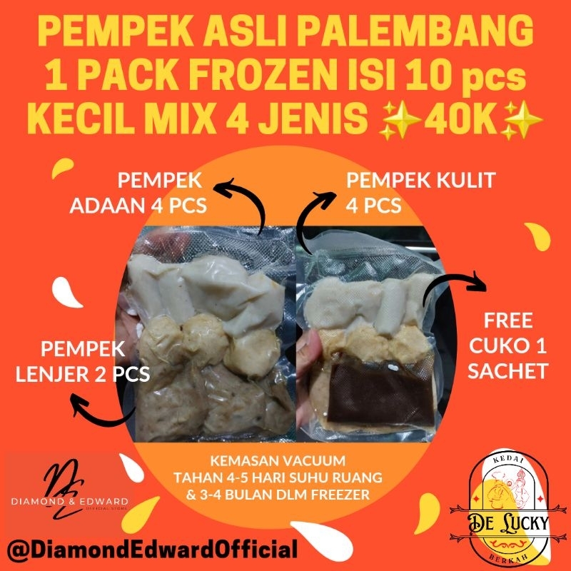 

DE ♡ Pempek Asli Palembang Frozen 1 Pack isi 10 pcs mix kecil Asli Ikan Tenggiri Berasa banget, kuah cukonya kental. Resep Asli Wong Pelembang.