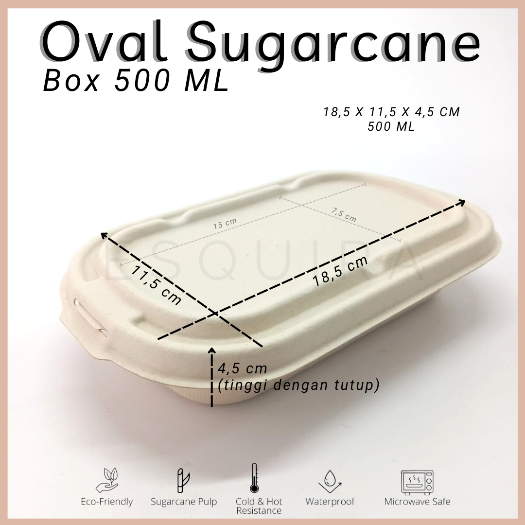 Oval Sugarcane Box 500 ML / Lunch Box 10 Pcs + Lid / TAB500