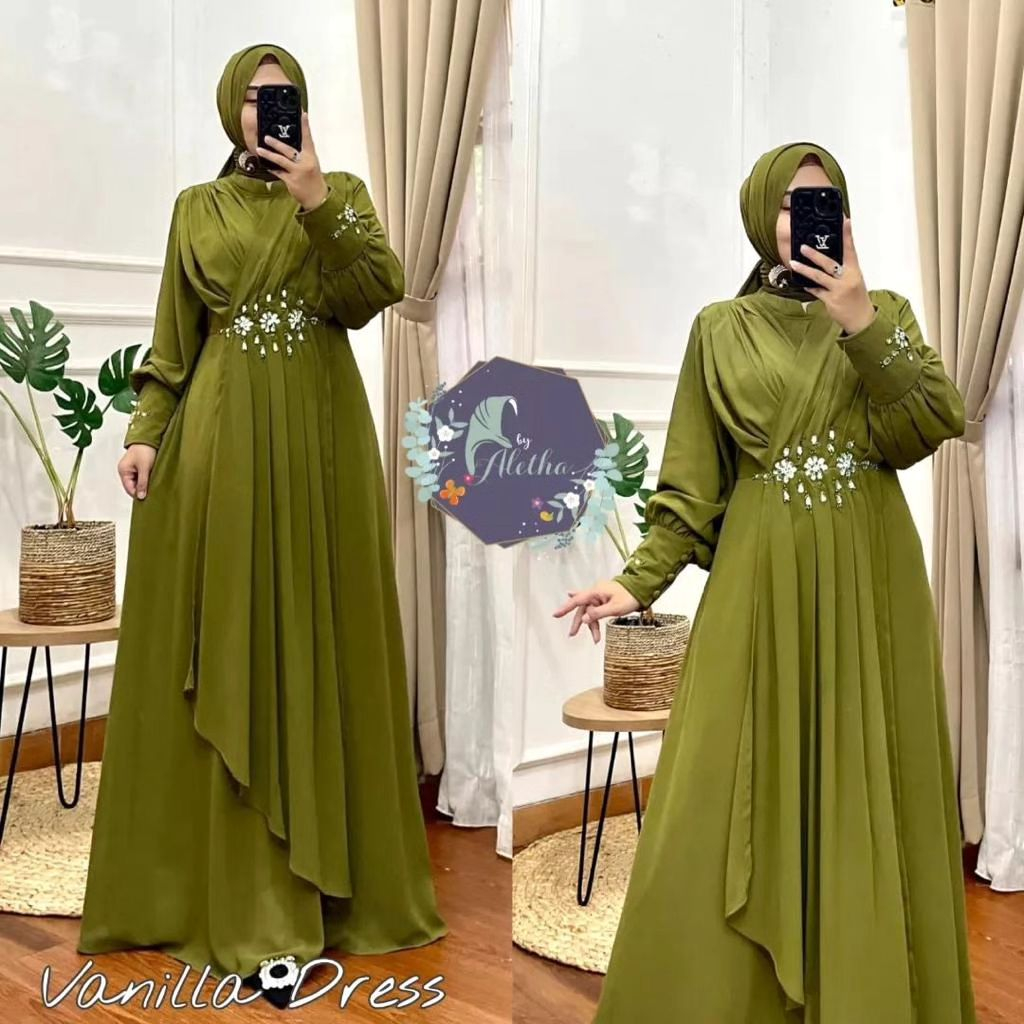 Baju Vanilla Dress BUSUI Bahan Ceruty Babydoll LD 110cm Dress Wanita Terbaru 2023 Gamis Kondangan Mo