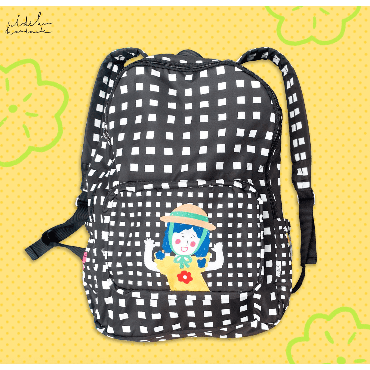 Ideku Handmade Foldable Backpack - Fancy Faces Black