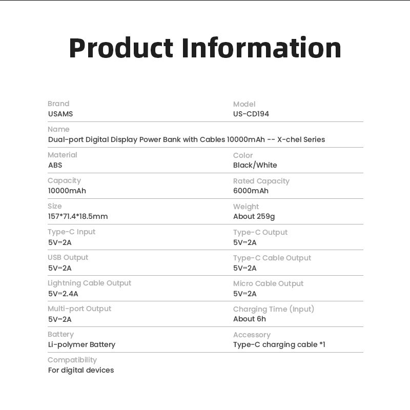 USAMS X-chel Powerbank with Cables 10000mAh Dual-port Digital Display