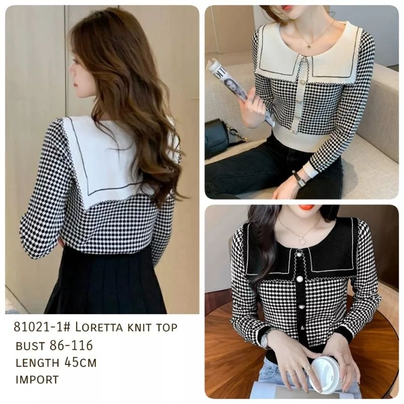 801021 Atasan baju blus blouse kemeja lengan panjang knited cantik manis hitam putih krop kerop crop