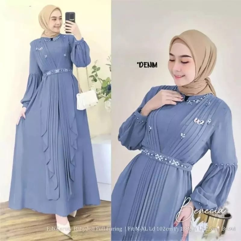 Benecia Maxy Dress Kondangan Gamis Ceruty Babydoll Full Furing Gamis Wanita Aplikasi Mutiara Baju Pesta Wanita Muslim