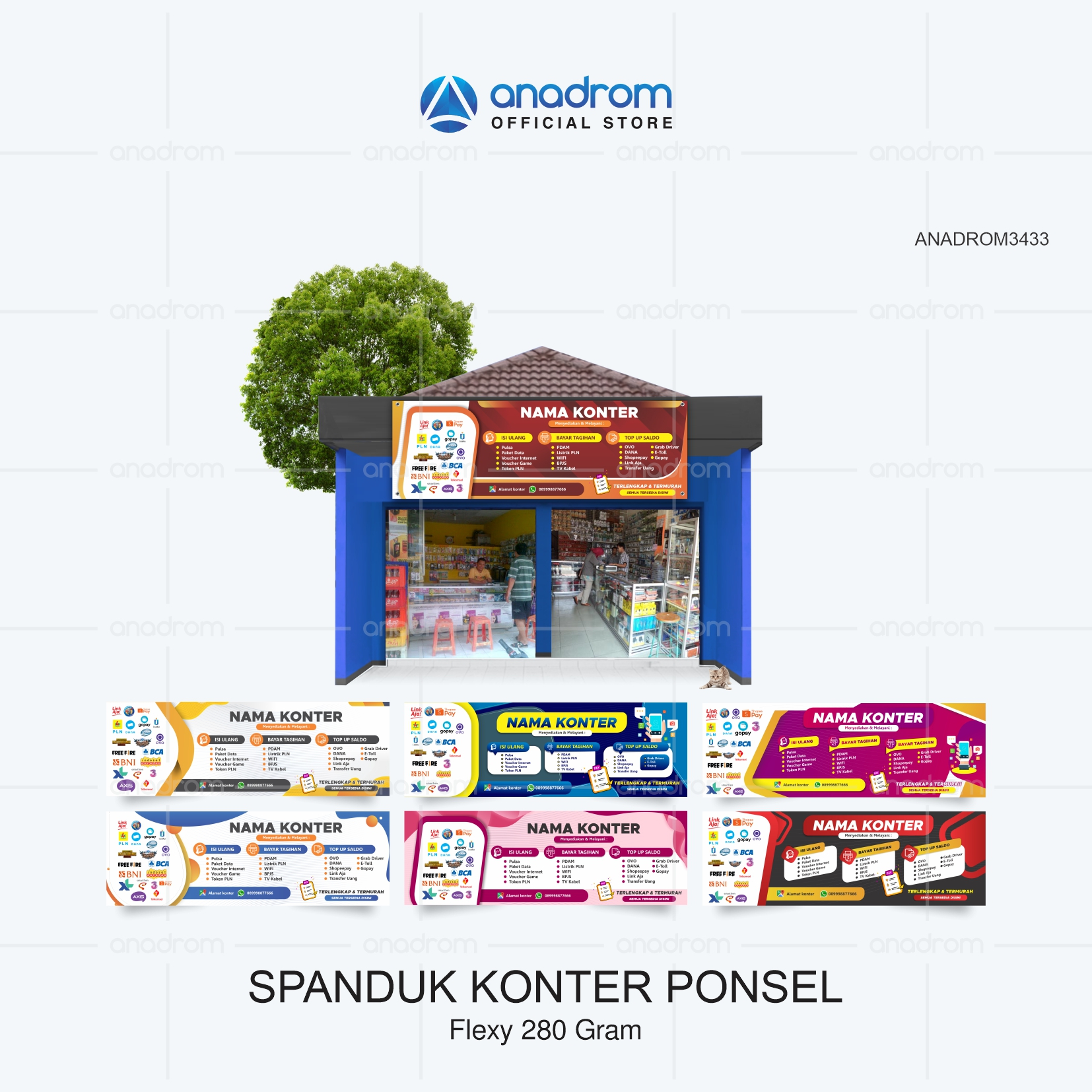 Spanduk Konter Ponsel | Banner Konter Ponsel | Custom Nama Toko | Anadrom 3433