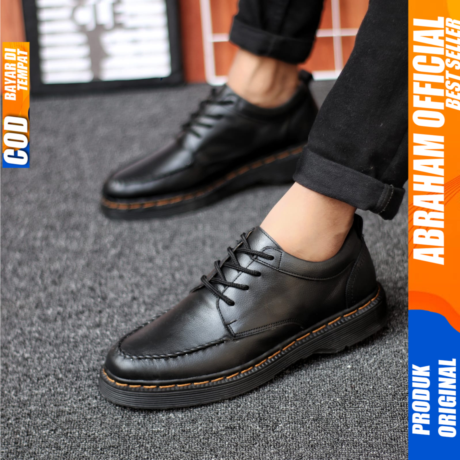 Sepatu Formal Kulit Docmart Pria Casual Pantofel Kerja Pria Hitam Abraham