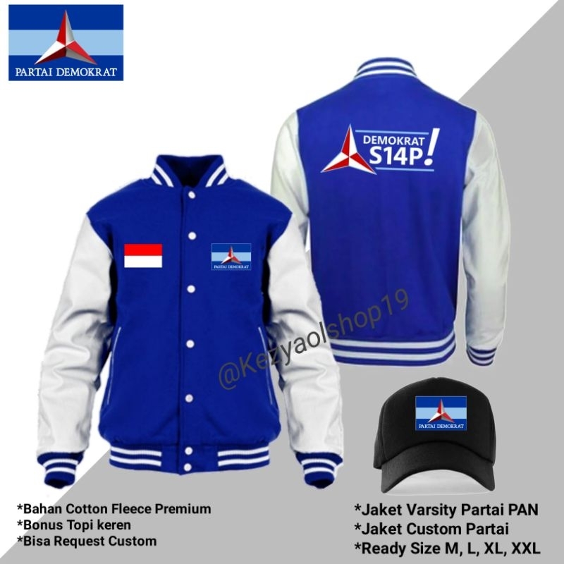 jaket Basebal varaity Logo Partai DEMOKRAT sablon sepan belakang Free Topi demokrat Siap